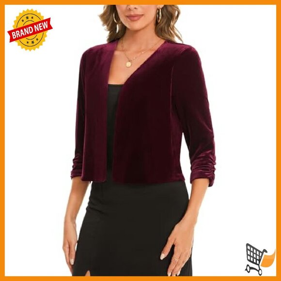 Velvet Cropped Cardigan Shrug 3/4 Sleeve Open Front Ruched Cocktail Party - Picture 4 of 8